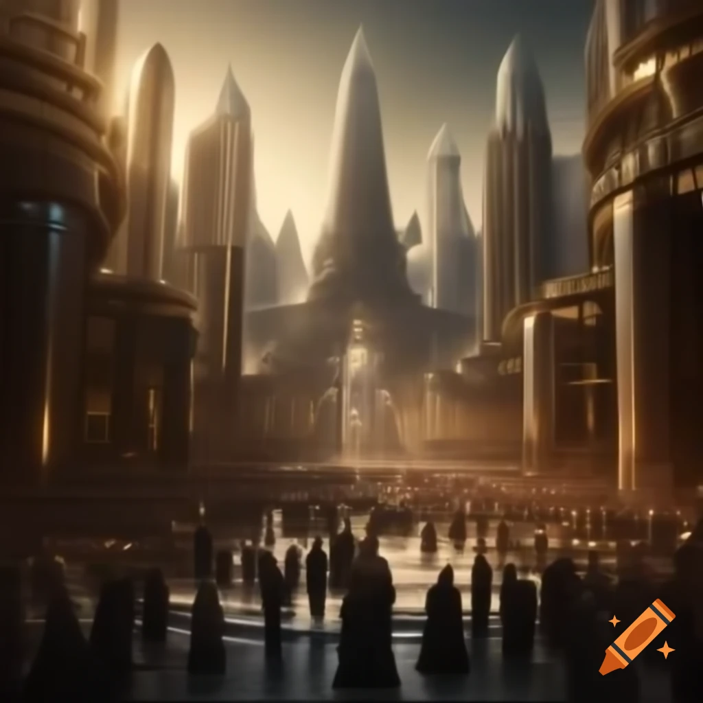 Futuristic city skyline with towering skyscrapers and baroque details
