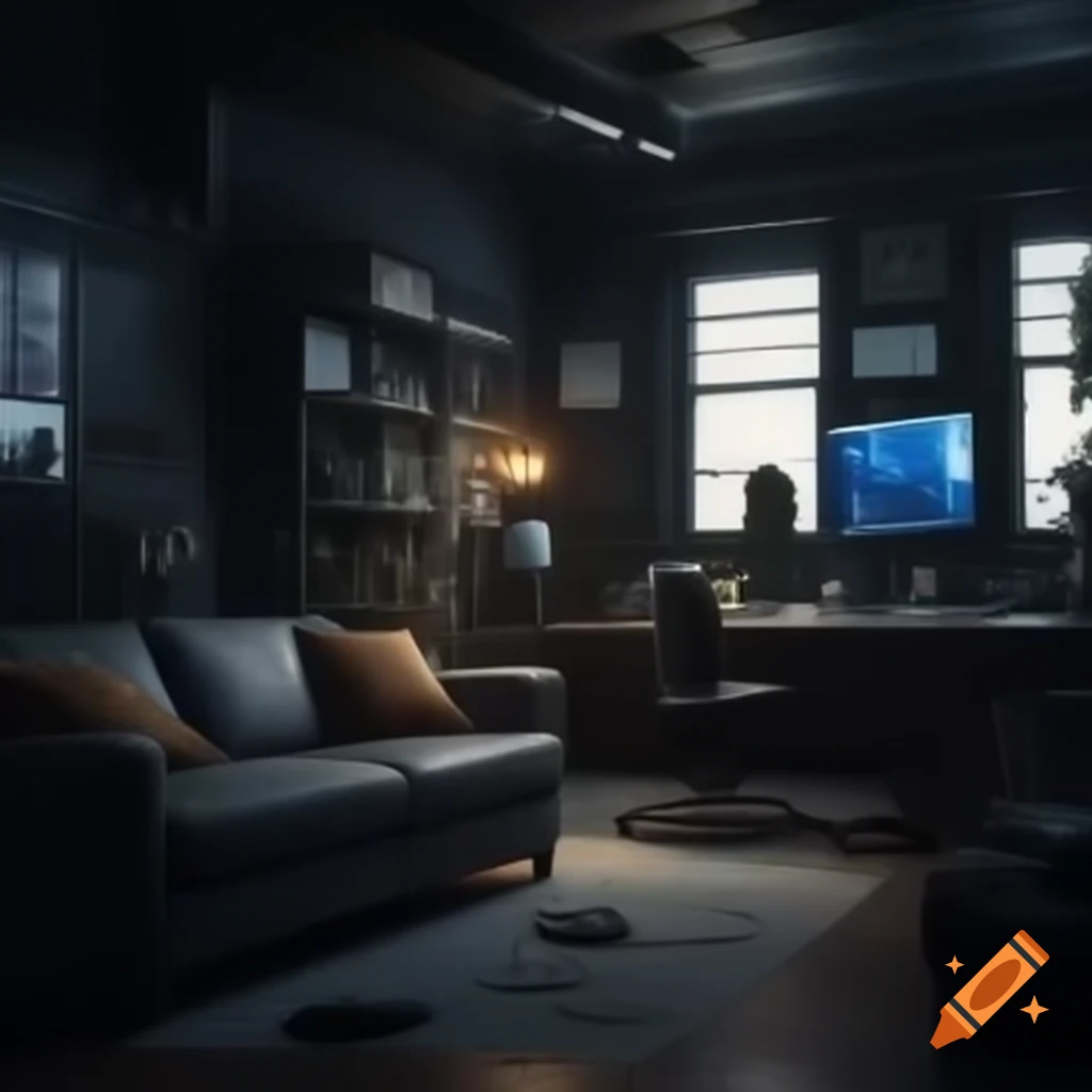 Cozy dark moody office featuring a sofa and TV area for inspiration