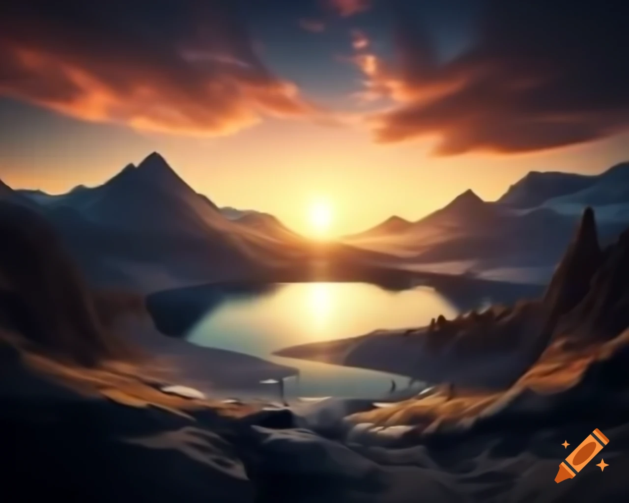 Photorealistic 3D render of mountain lake at sunset with sun rays and island