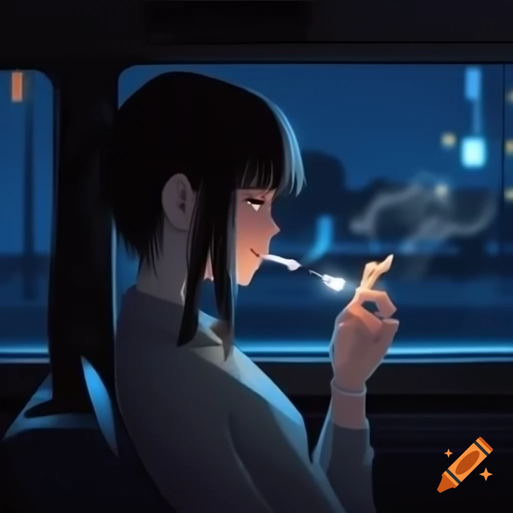 Anime girl in a car at night, smoking a cigarette