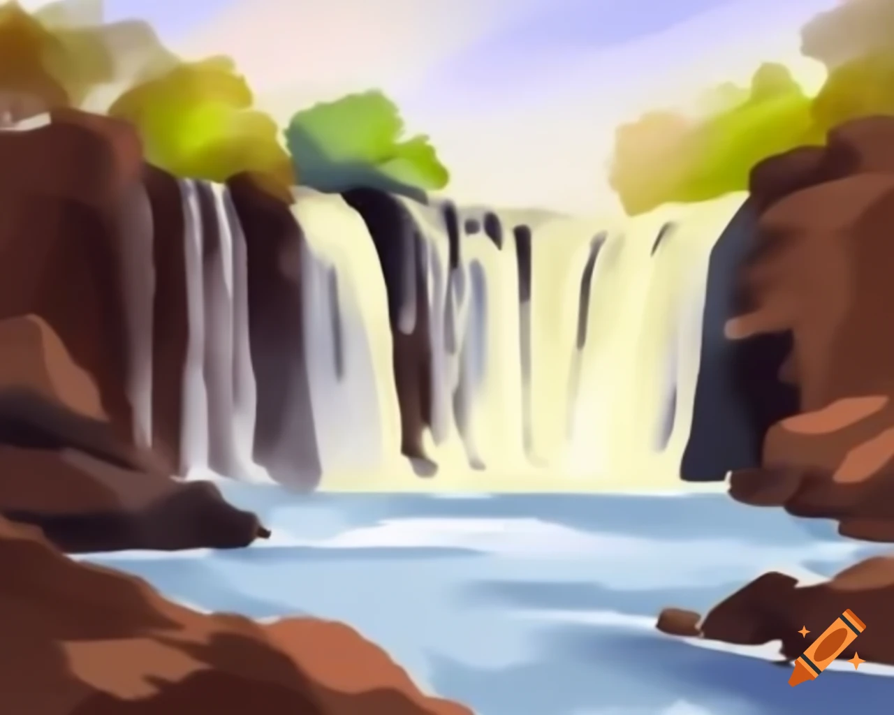 Australian waterfall in natural watercolor style inspired by Albert Namatjira
