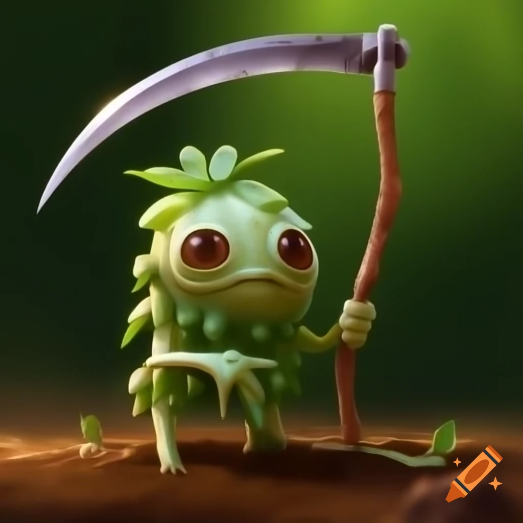 Small plant creature wielding a huge scythe on craiyon