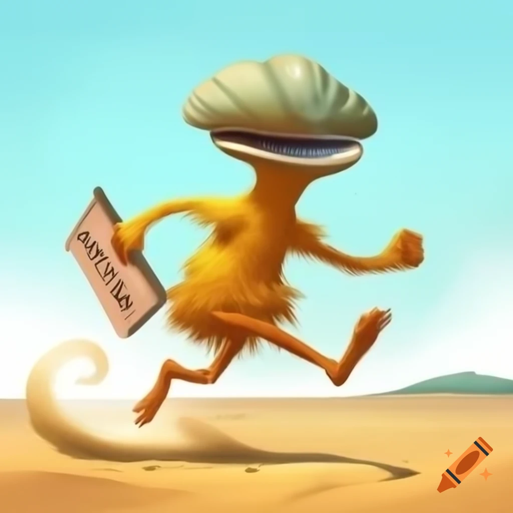 Creature with clam shell head running on sandy beach, mustard yellow fur, carrying sign 'Clam I Am'