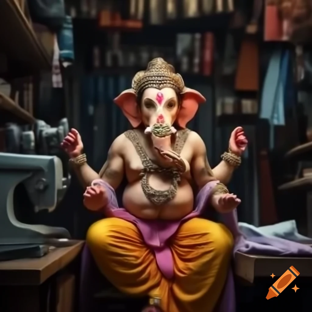 God Ganesh as a tailor sewing clothes at a sewing machine