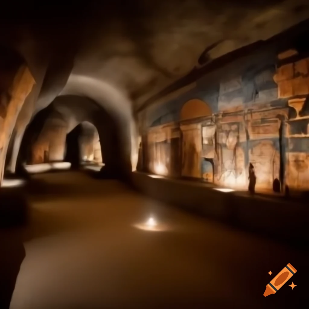 Interior of dimly lit cave with ancient carvings and paintings