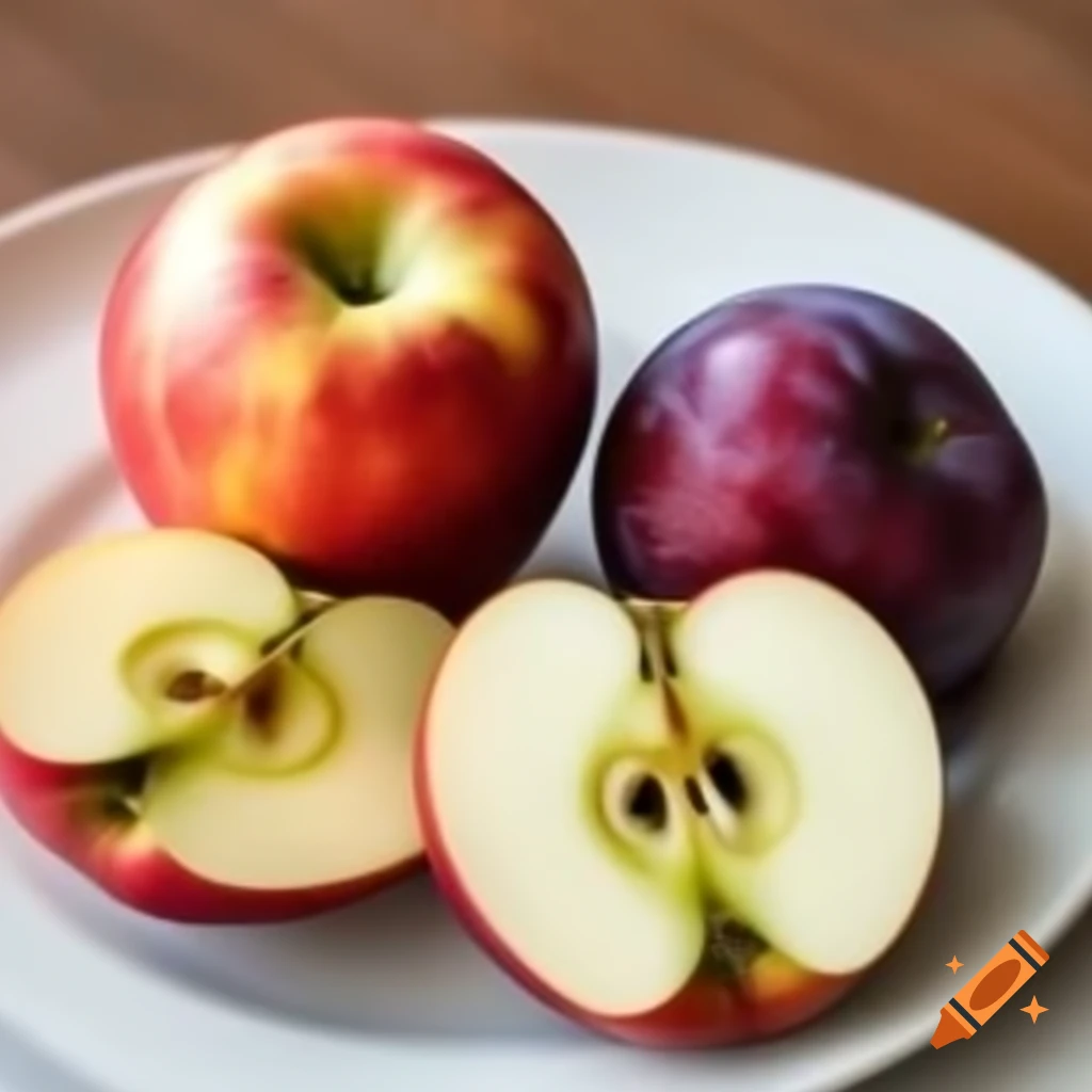 One apple and two plums on a plate