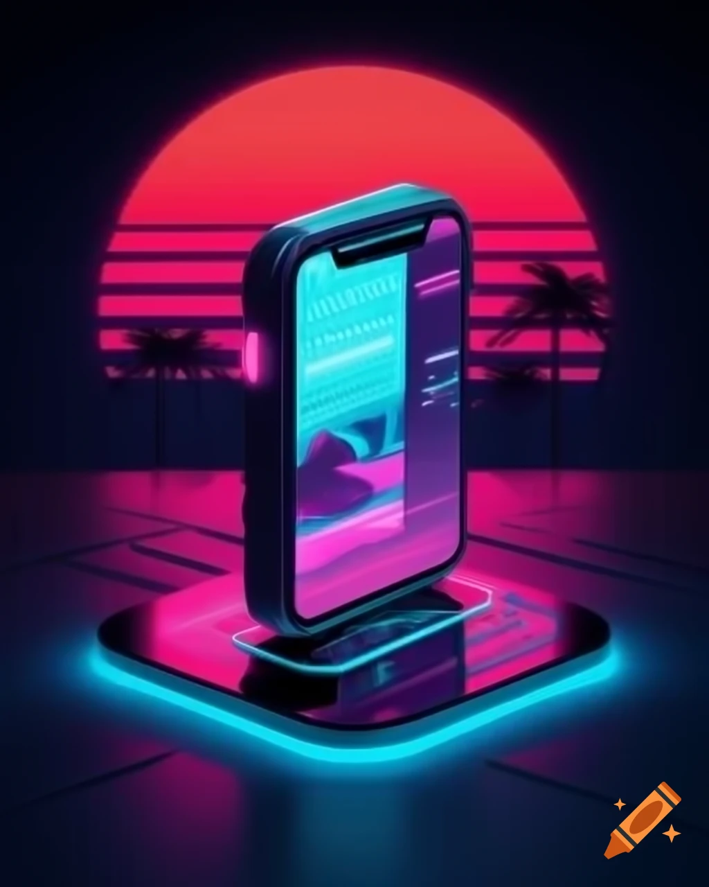 Futuristic Vaporwave-style scene with illuminated Apple product and neon lights