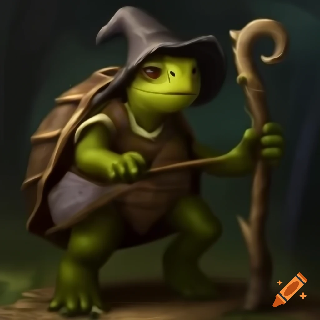 Mean witchy female Tortle Druid foraging in forest with staff, DND character