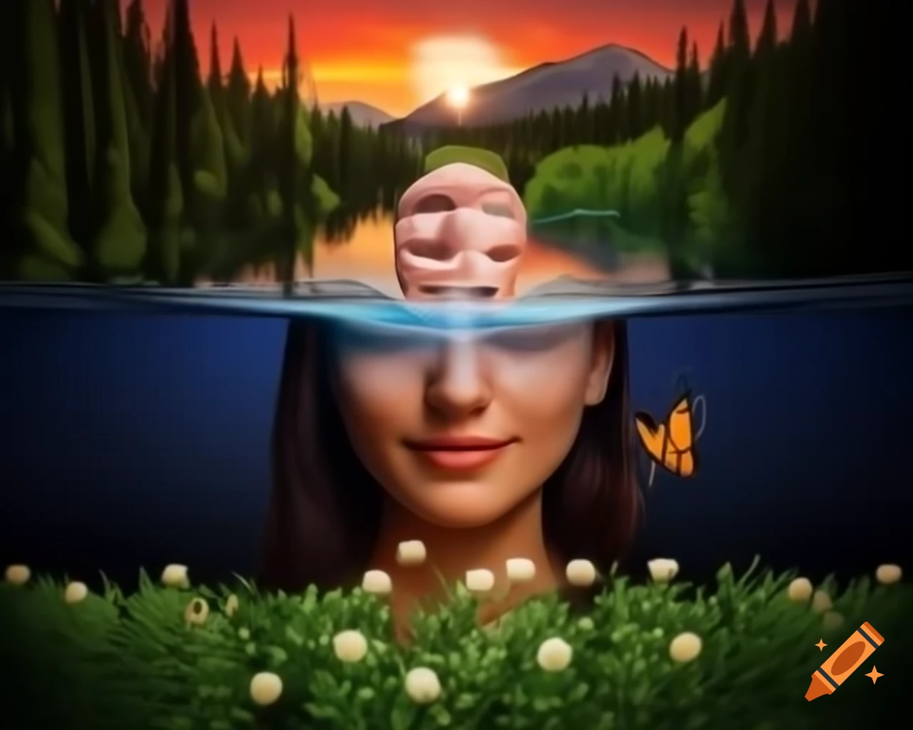 Surreal 3D render of woman's face in forest with old growth trees, wildflowers, and butterflies