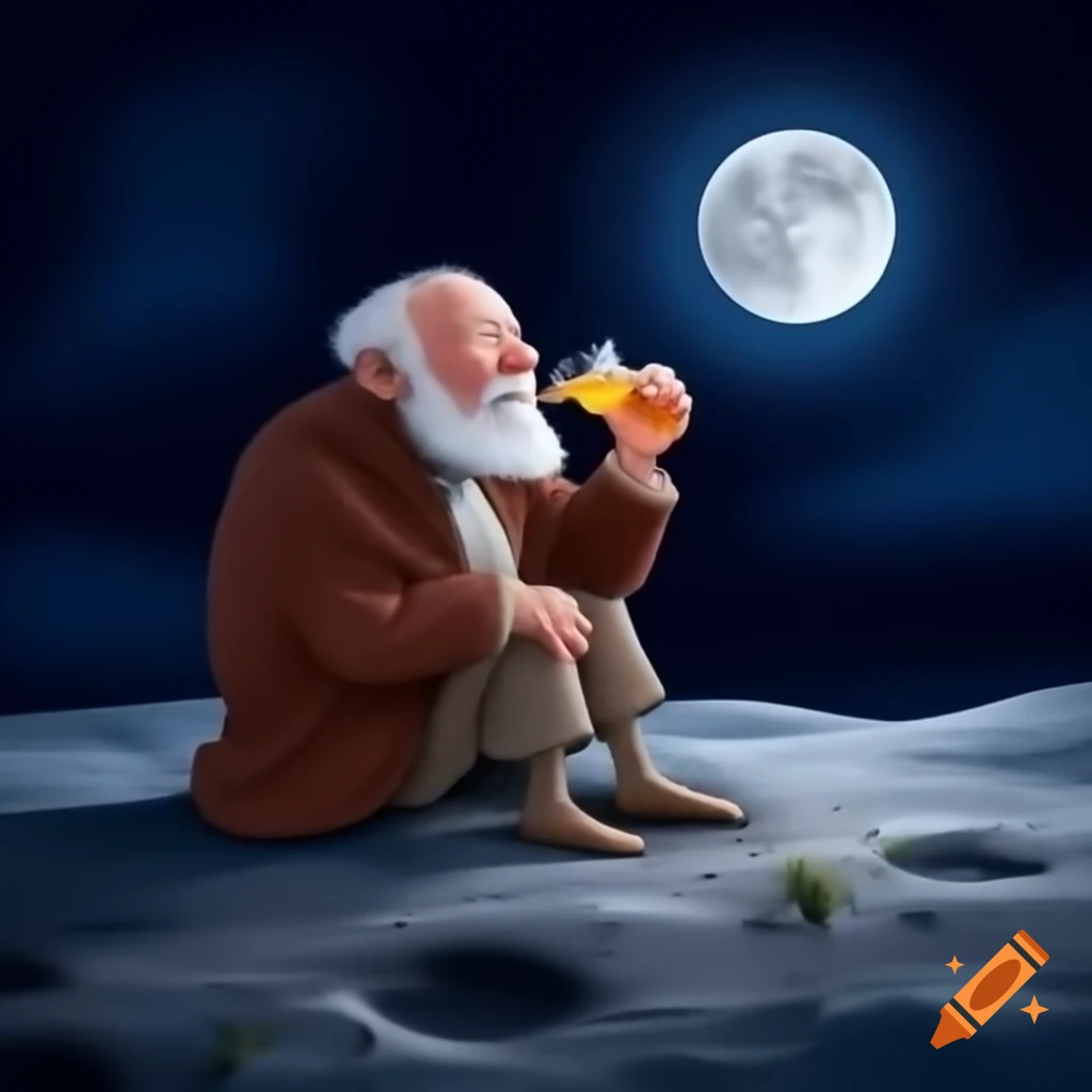 Old man enjoying rum on the moon