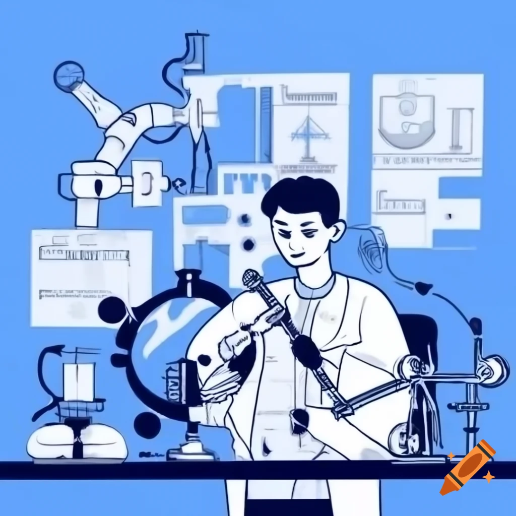 Young mechanical engineer in modern lab with machinery and blueprints