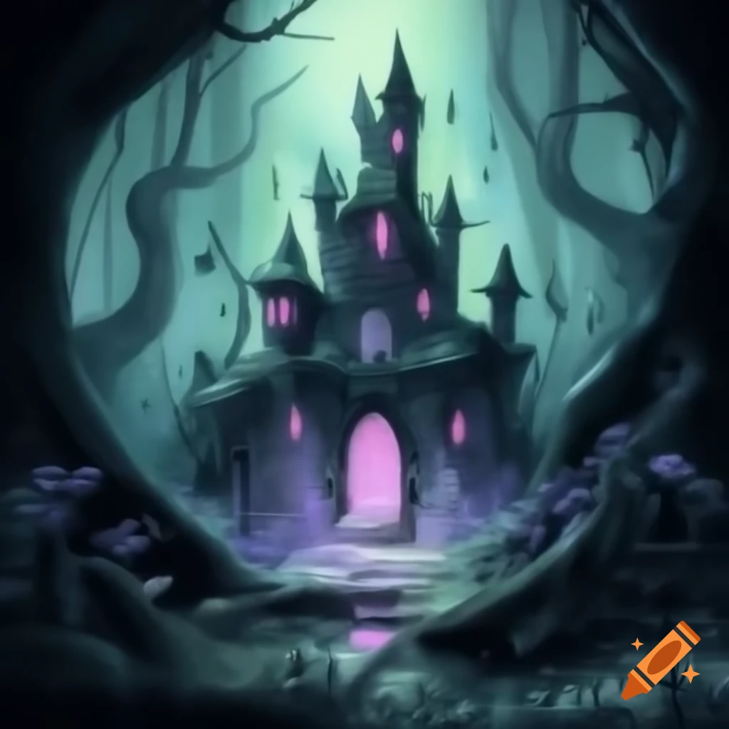 Gothic fairy tale scene with haunted castle in enchanted forest