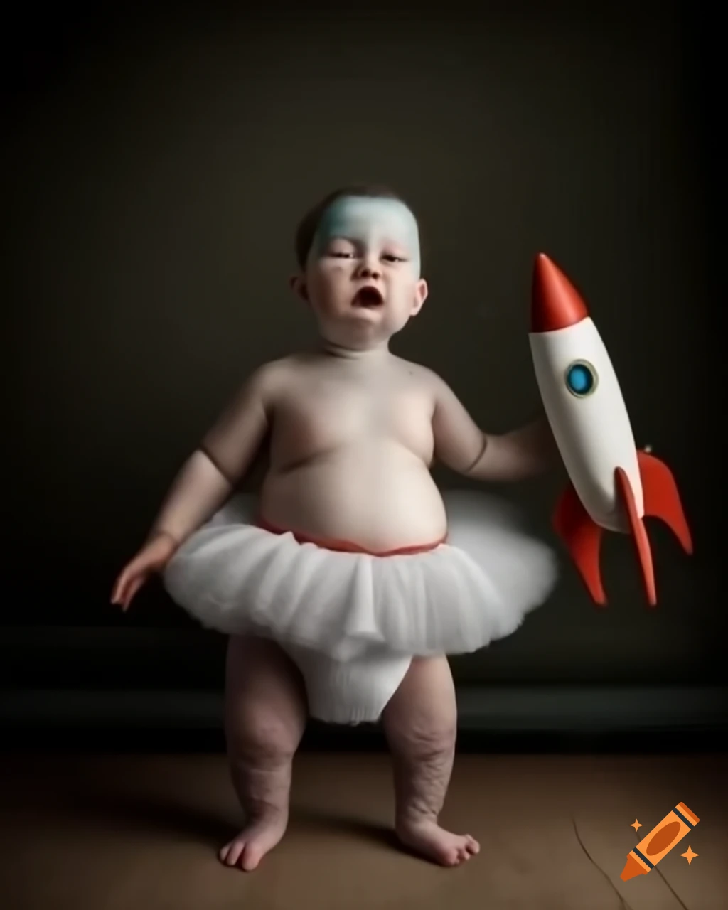 Satirical depiction of a humorous character riding a rocket