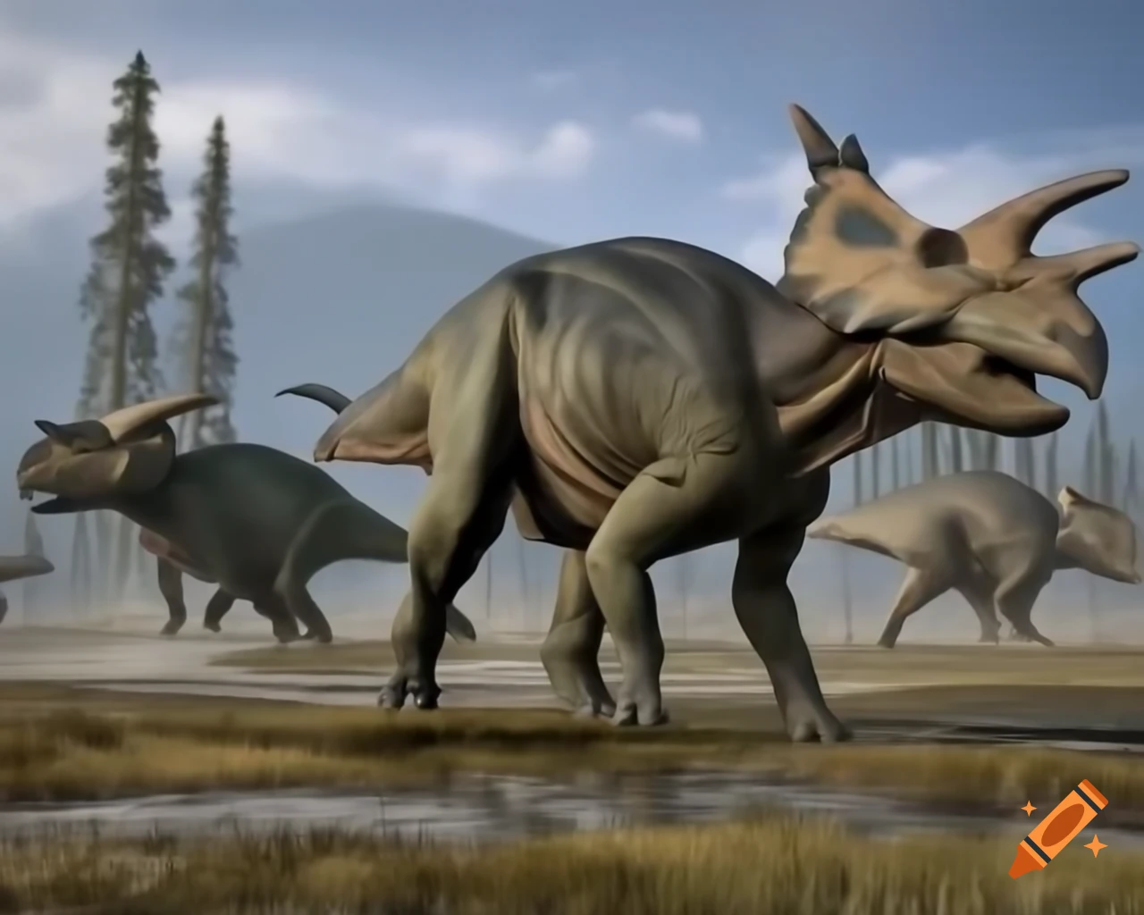 Protoceratops herd crossing rugged terrain in British Columbia morning light