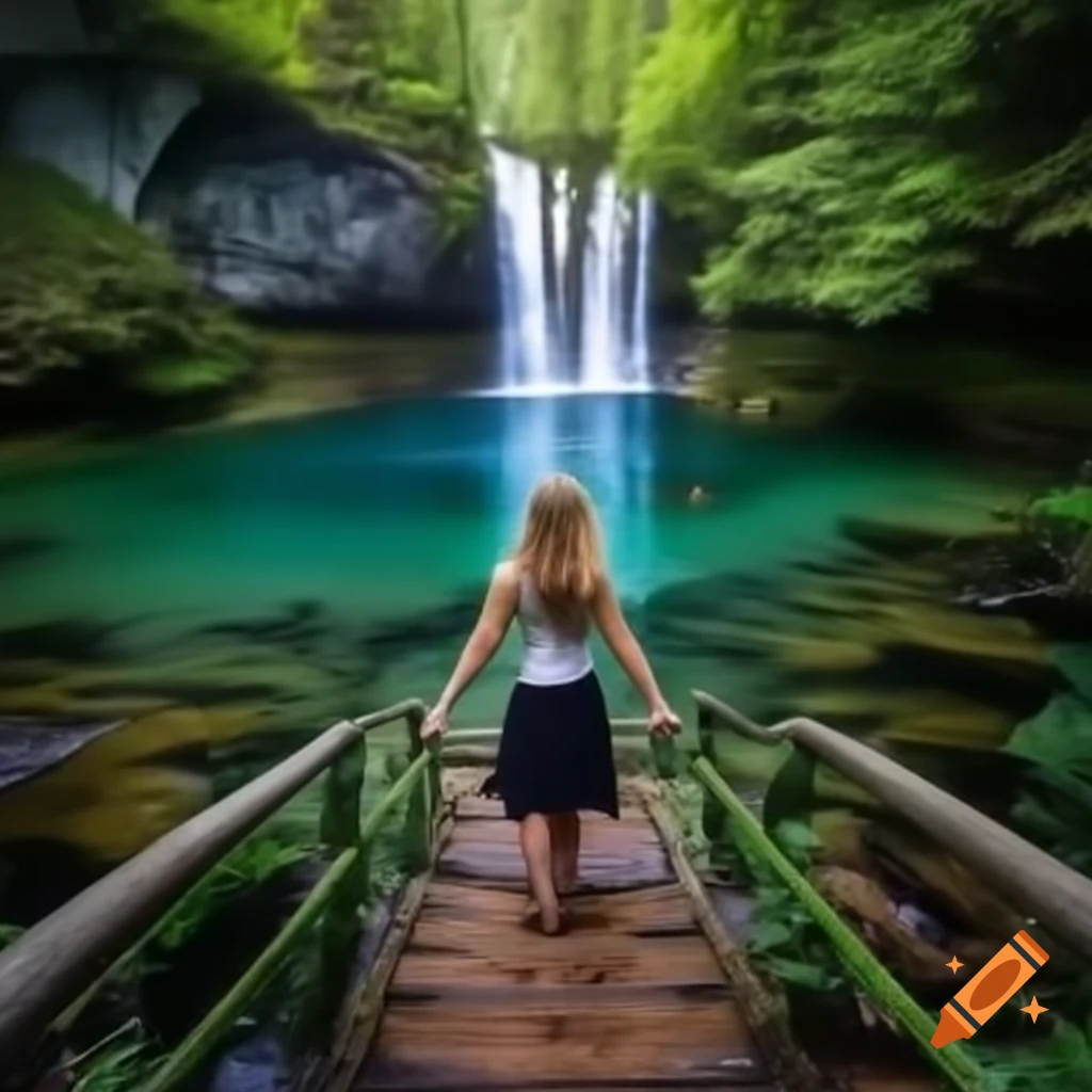 Woman at the edge of a lake with a waterfall
