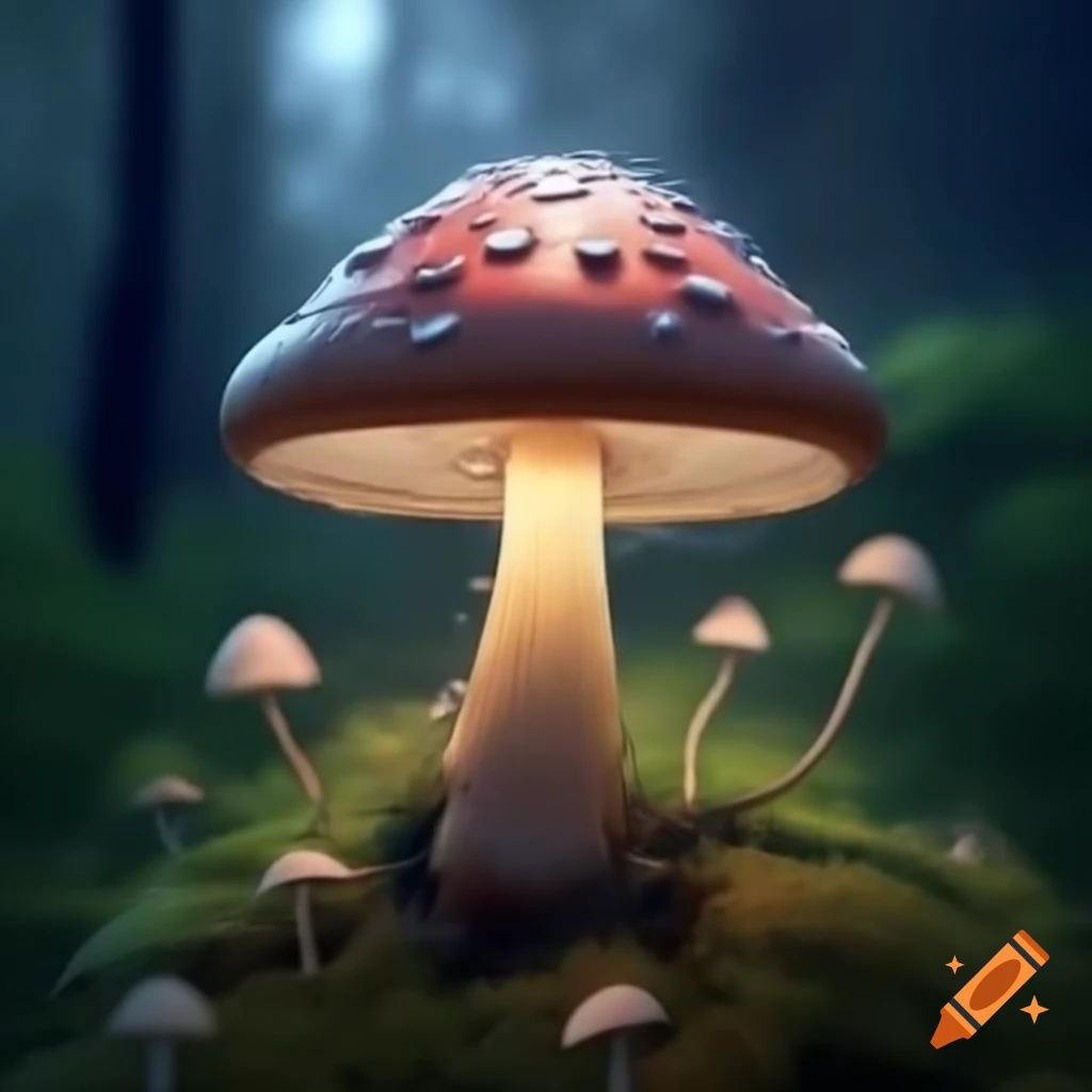 Glowing mushroom in misty whimsical forest, hyper-realistic style