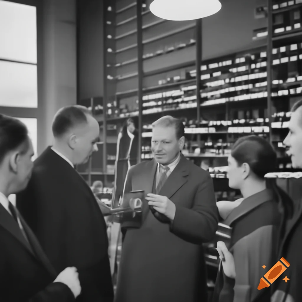 Wine display in a 1930s sales location with an employee