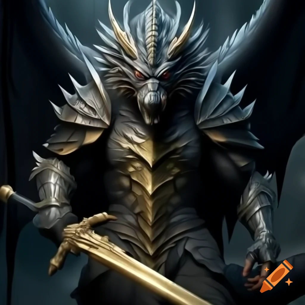 Black dragon in armor wielding a golden sword