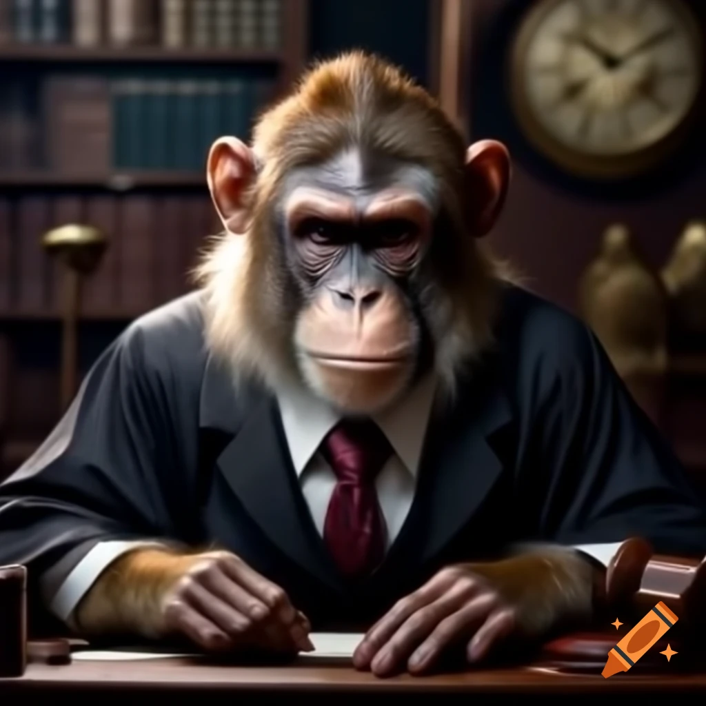 Monkey in a suit acting as a lawyer prosecuting a fictional character