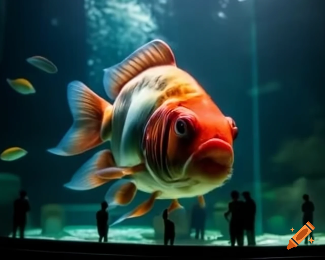 Monstrous goldfish with sharp teeth in huge aquarium, people observing, professional photography