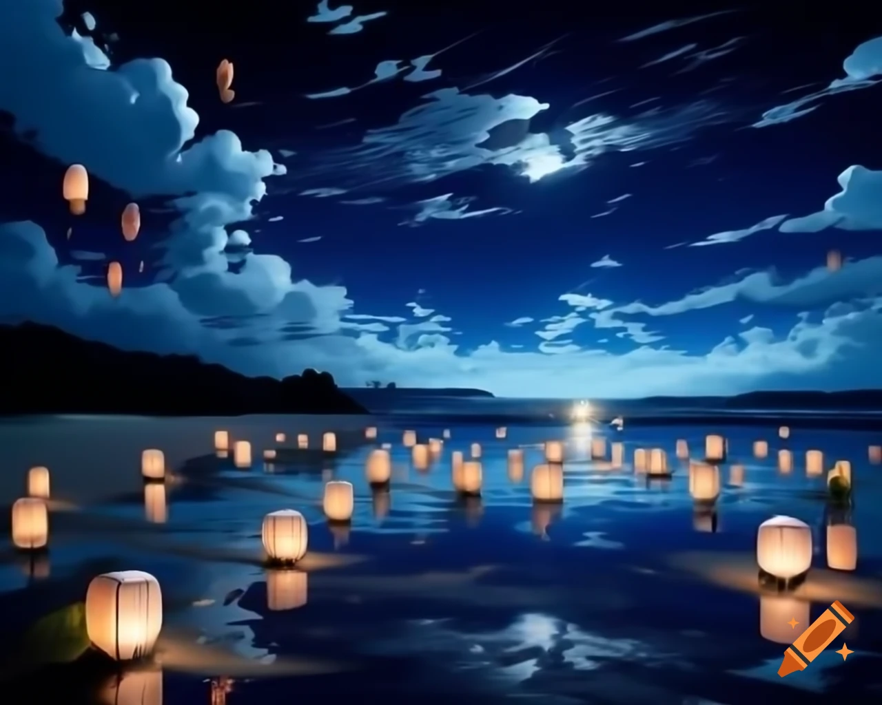Night sky on beach with Japanese floating lanterns and reflections in the sea