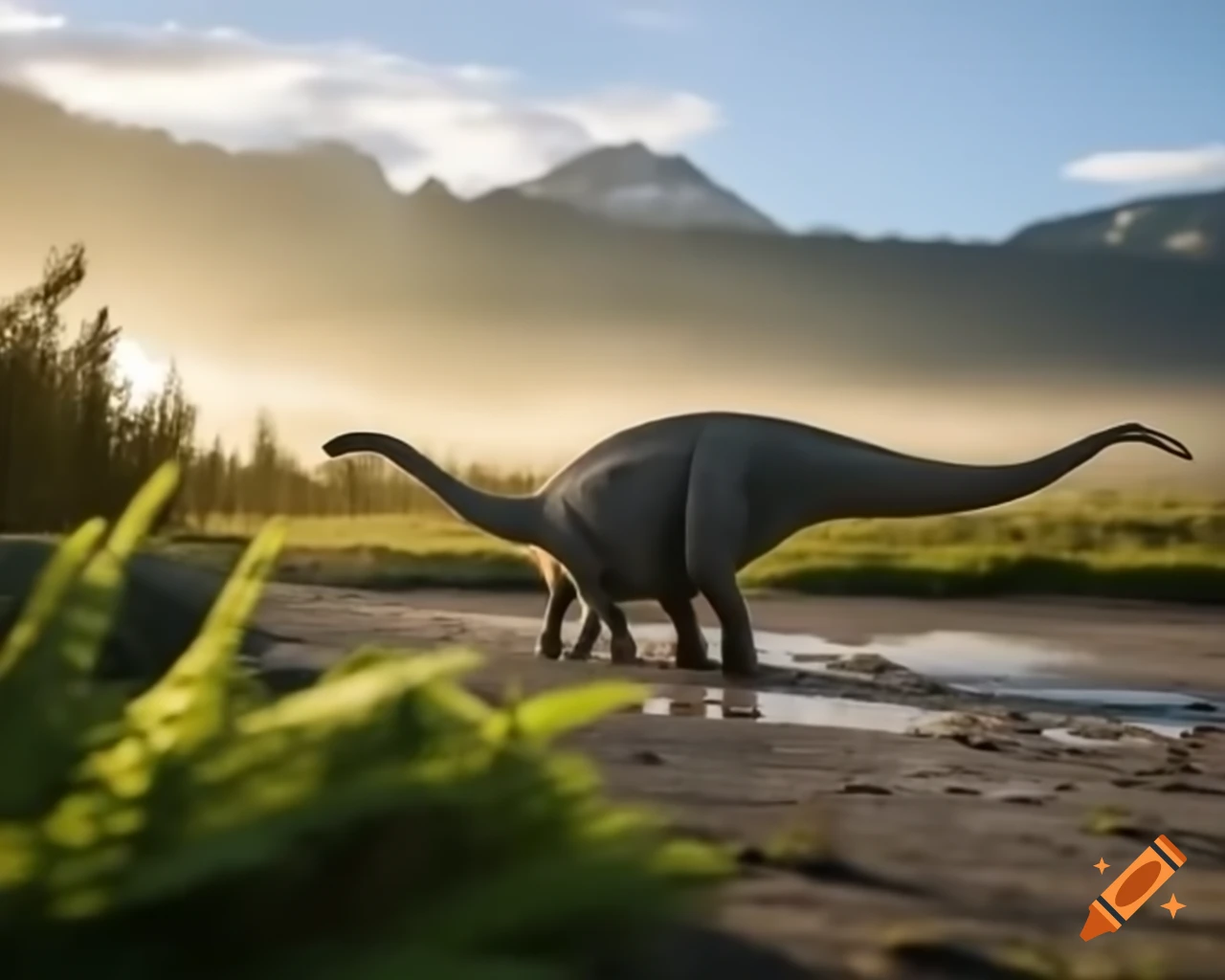 Light grey Diplodocus walking along muddy lake bank in British Columbia during golden hour