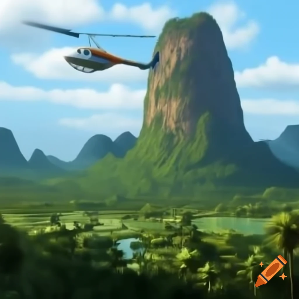 Art deco voucher for helicopter flight over jungle and vertical mountain