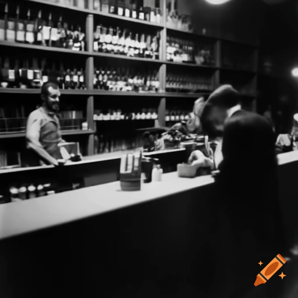 Vintage photo of liquor store with wine shelves and customers