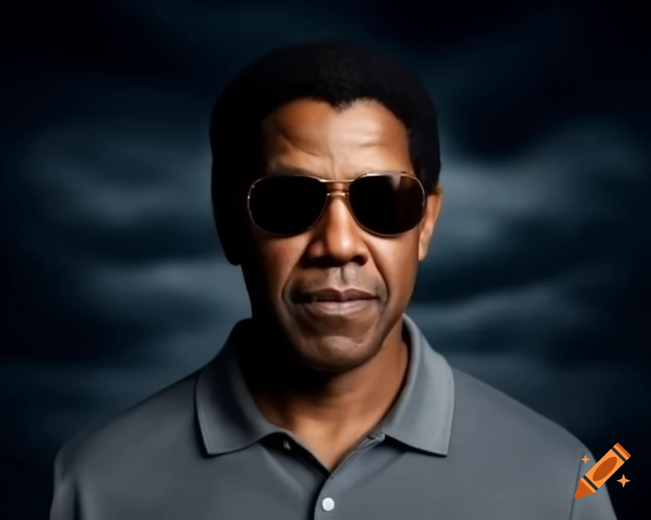 Denzel Washington wearing sunglasses and grey polo shirt against dark cloudy background