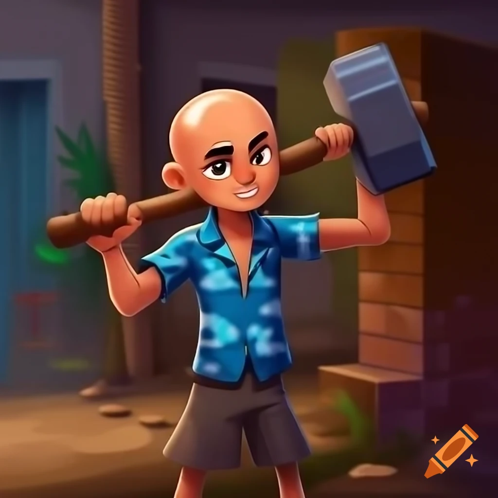Fit young man in Hawaiian shirt holding sledgehammer at brick wall in slum