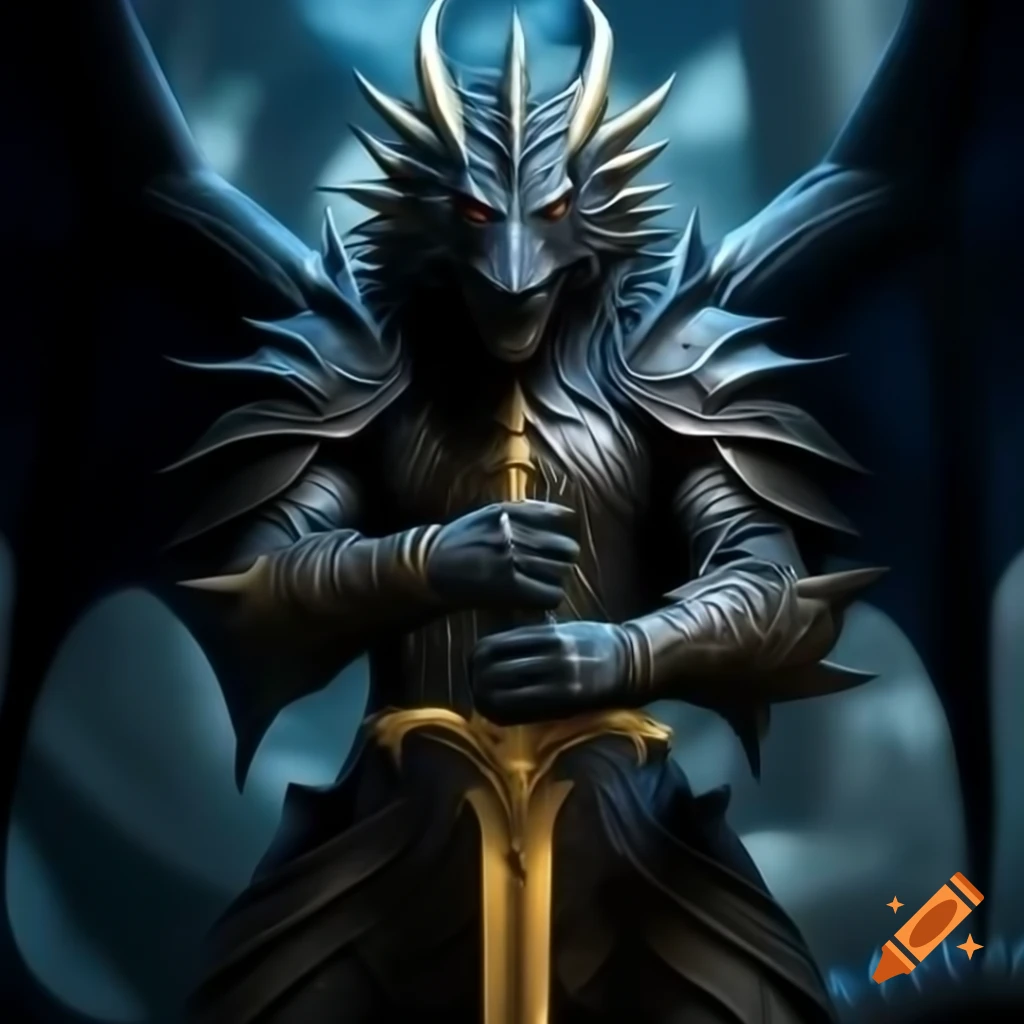 Black dragon in armor wielding a golden sword