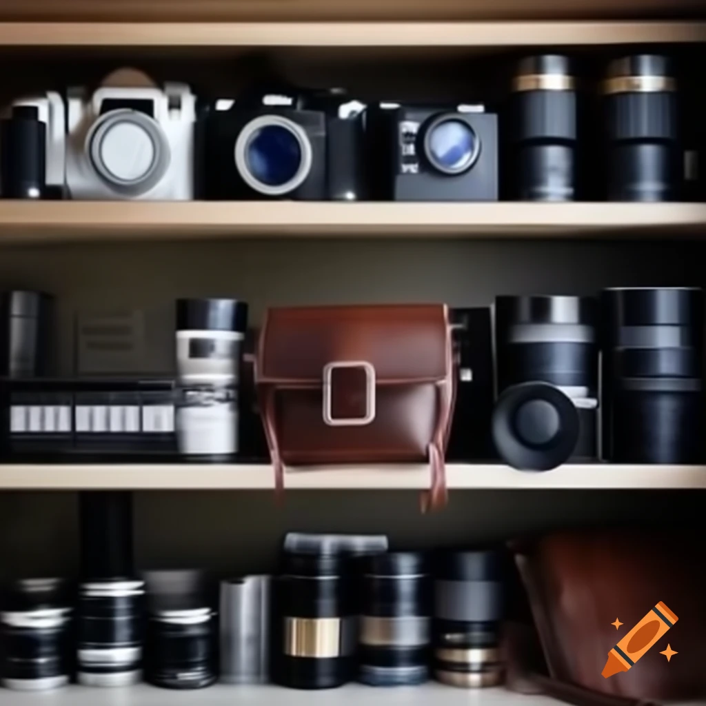 Photography equipment on horizontal shelves including cameras, lenses, and accessories