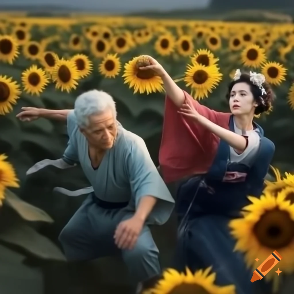 Couple twirling in sunflower field, inspired by Katsushika Hokusai
