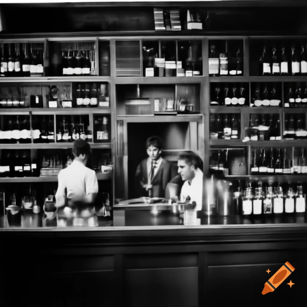 Vintage photo of liquor store with wine shelves and customers