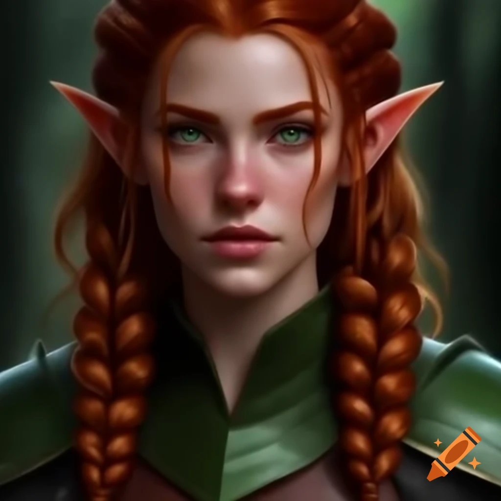 Half-elf woman with braided red hair in leather armor and green shirt