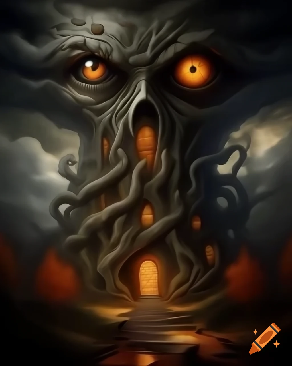 Surreal baroque fantasy art of towering autumn tree house with eye in clouds