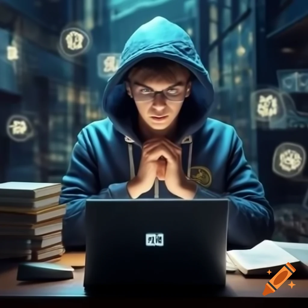 Young adult with curious expression surrounded by web3 items like a laptop