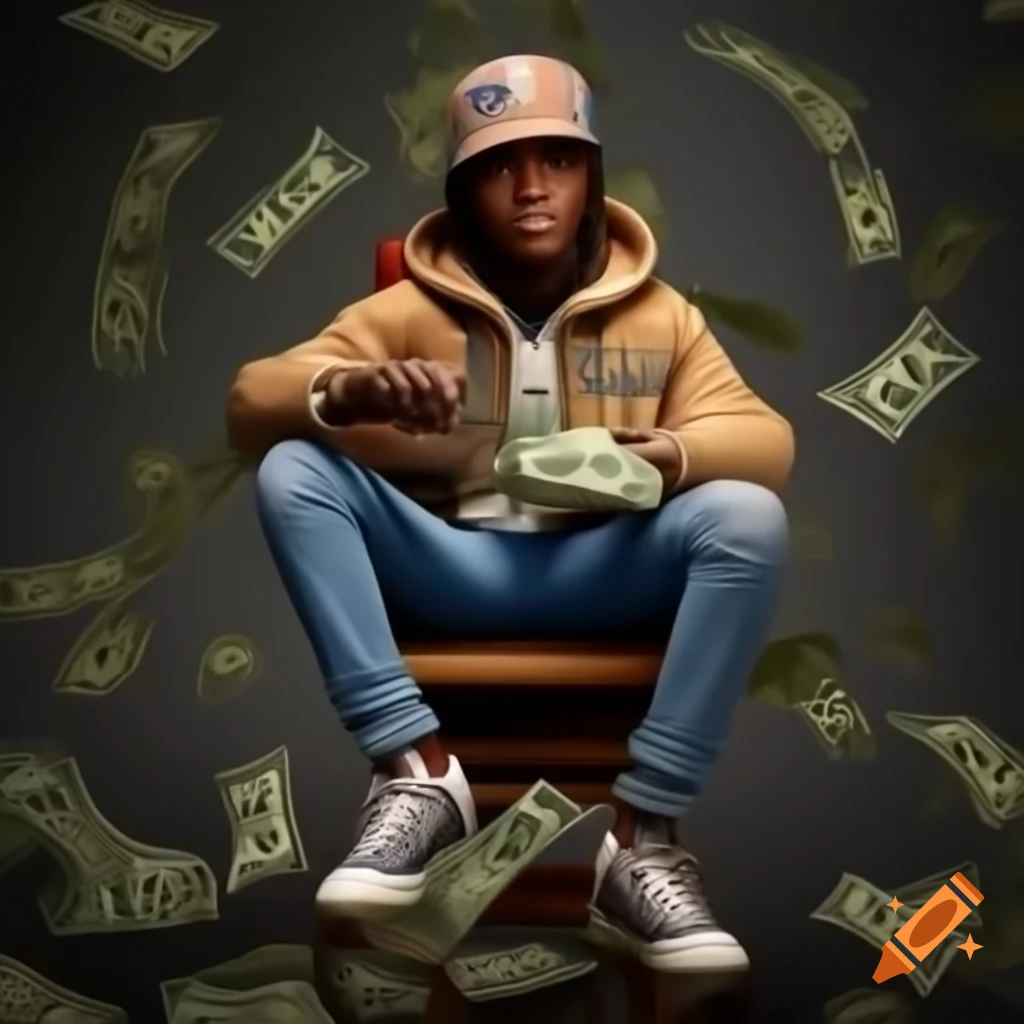 Anime character of young African American man in trendy outfit sitting on dollar bill chair