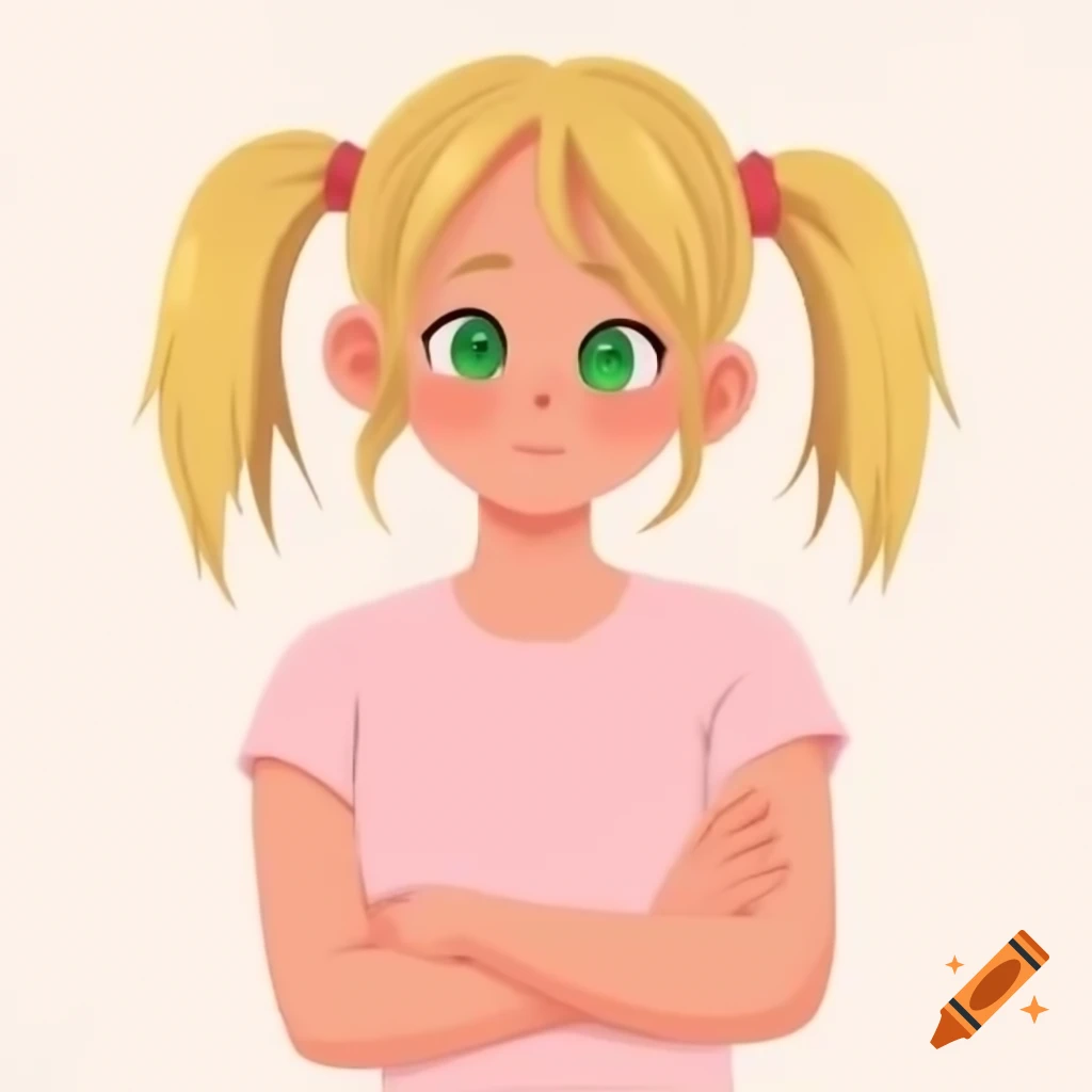 Anime girl with blonde hair and green eyes, wearing a pink sleeveless t-shirt