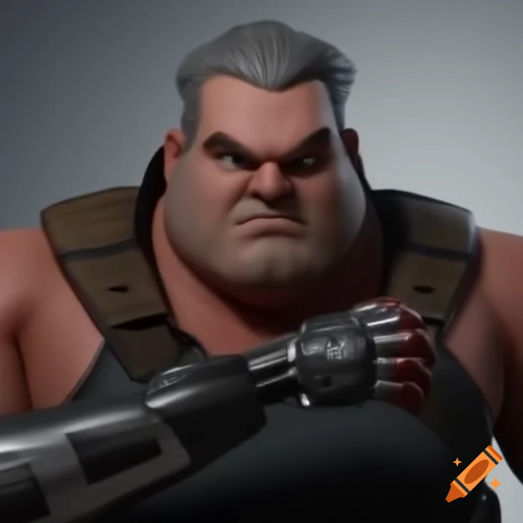 Strong muscular man with grey hair and robotic arm in CGI style