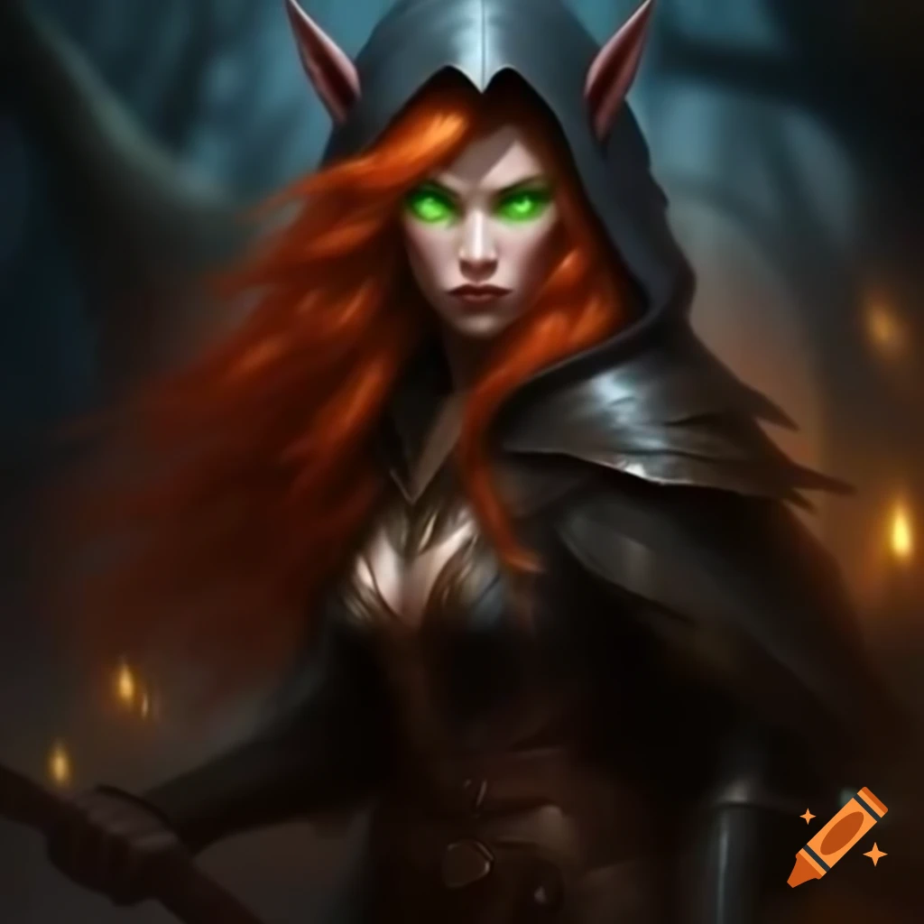 Wood elf witch with red hair and dual blades in stealth armor