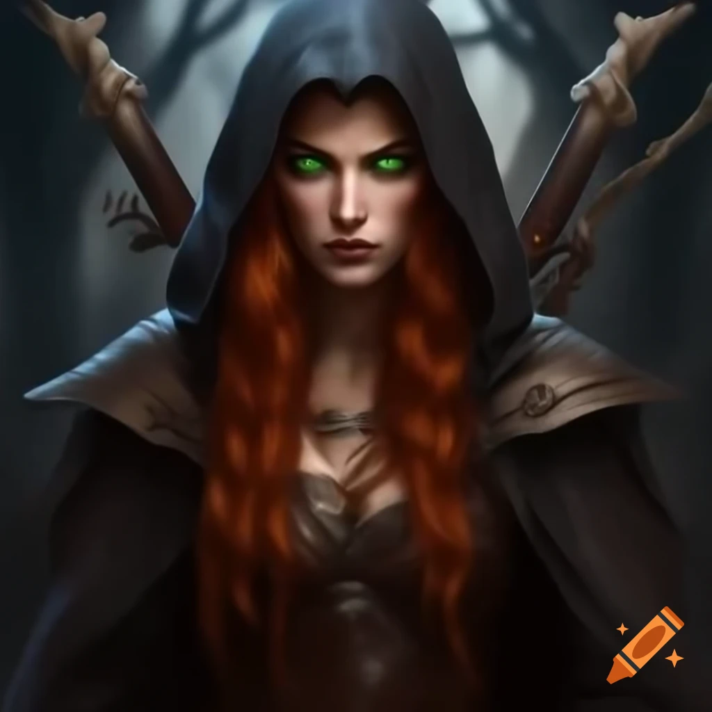 Wood elf witch with red hair and dual blades riding a giant dire