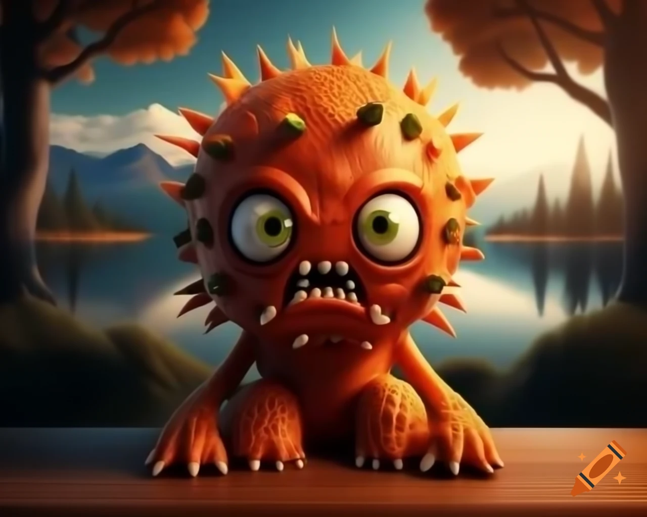 3D orange tree monster with human face on wooden table in forest
