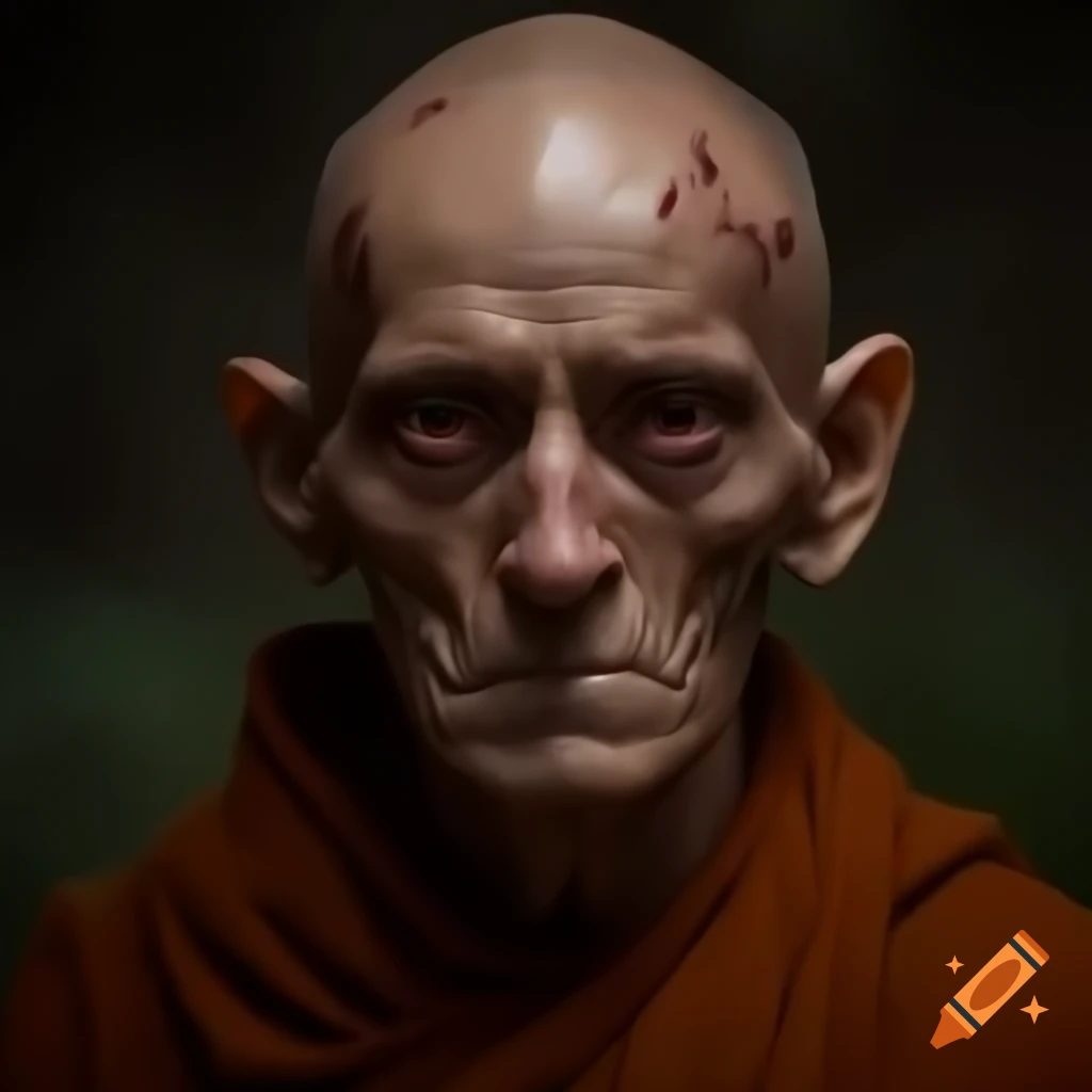Description of a monk-like figure with shabby clothes and a unique face in a mysterious setting
