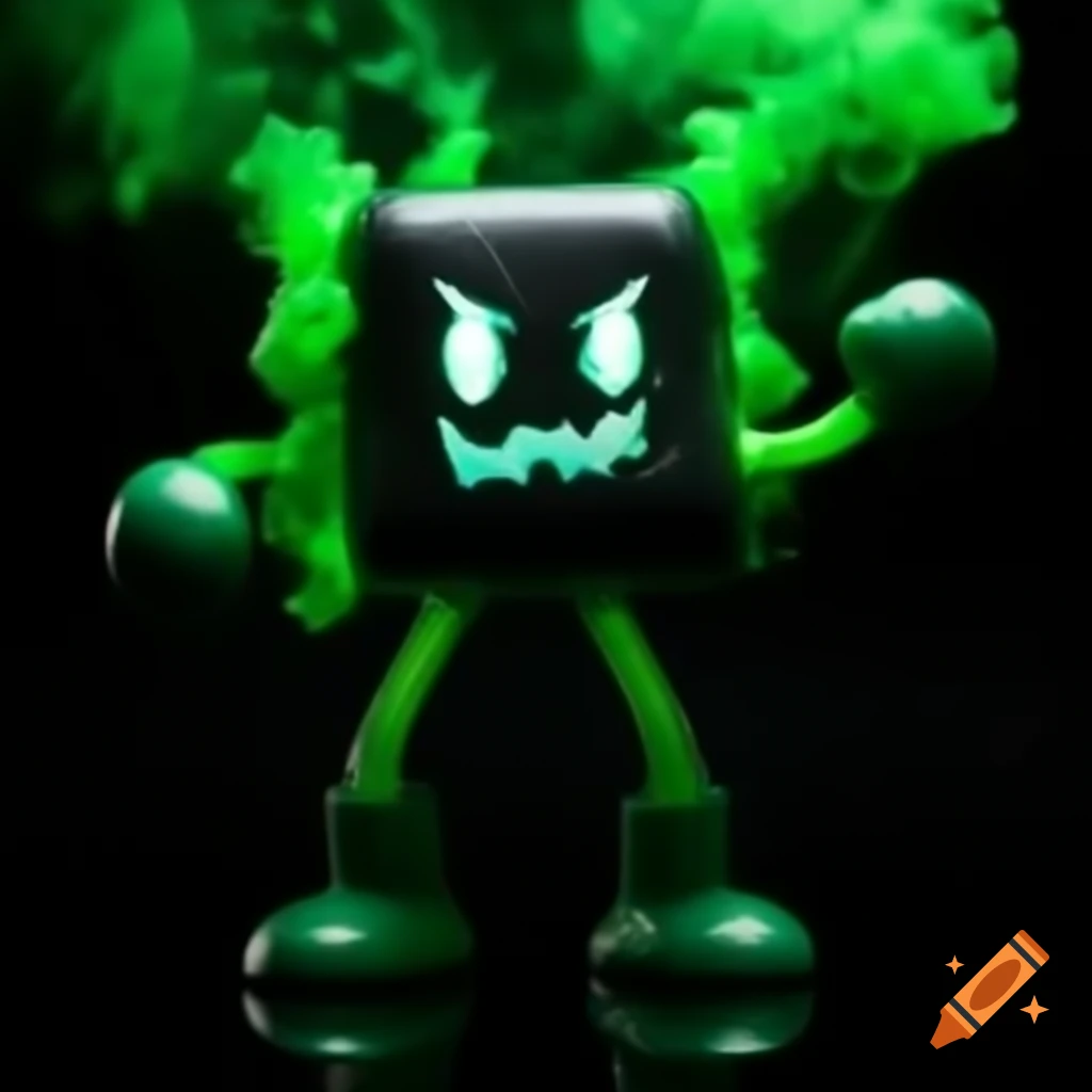 Strong black marshmallow character with glowing eyes and green mist
