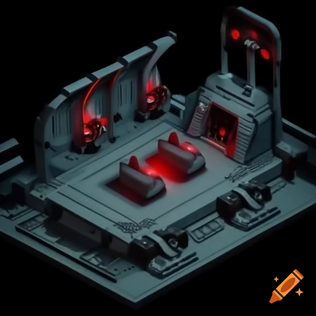 Isometric view of spacious spaceship hall with futuristic red lighting