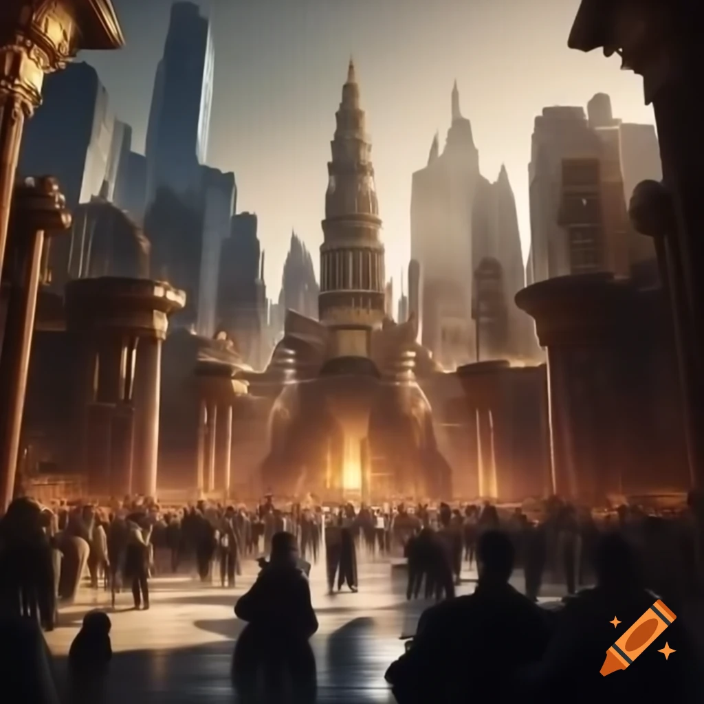 Futuristic city skyline with towering skyscrapers and baroque details