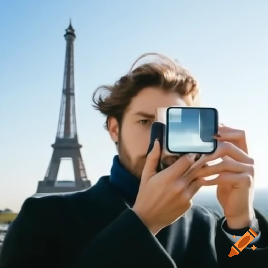 Man with transparent glasses taking photo in front of Eiffel Tower