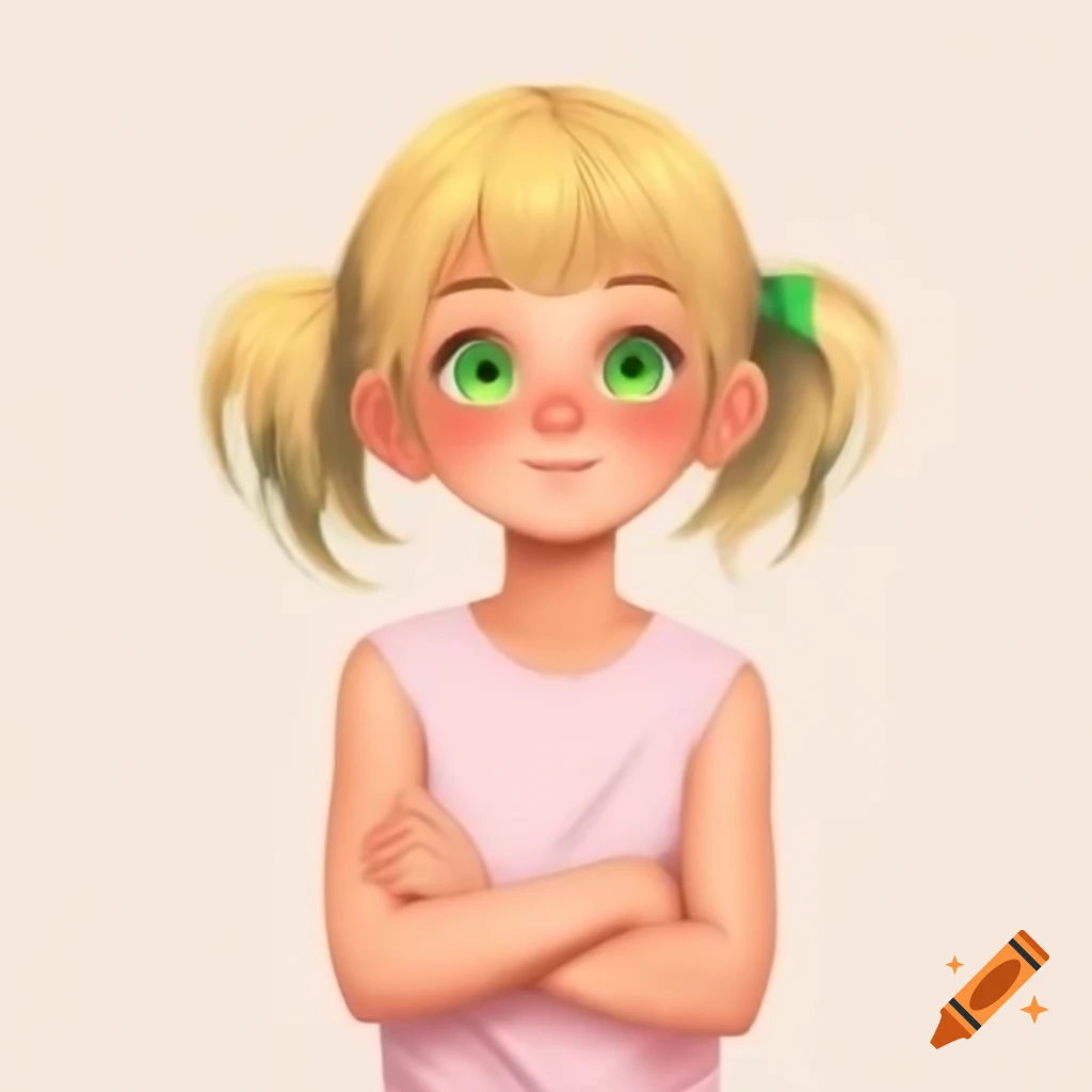 Anime girl with blonde hair and green eyes in light pink sleeveless t-shirt