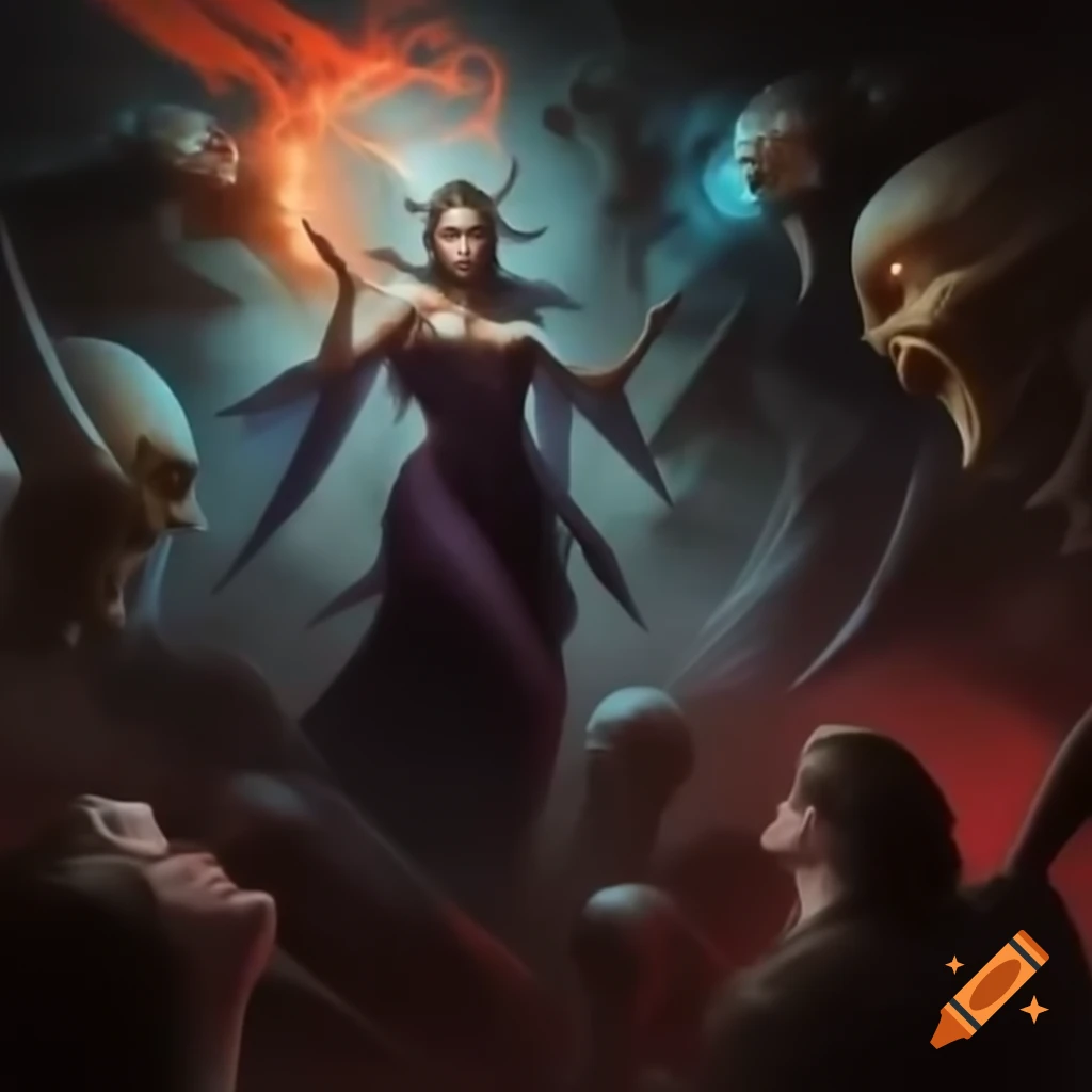 Alien Vampire Zarkothian Goddess Queen Adelline in a battle with psychic energy and cosmic forces
